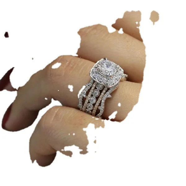 Hot Sale S925 Sterling Silver Ring New 14k Rose Gold Square Diamond Princess Ring Diamond Set Engagement Jewelry For Women