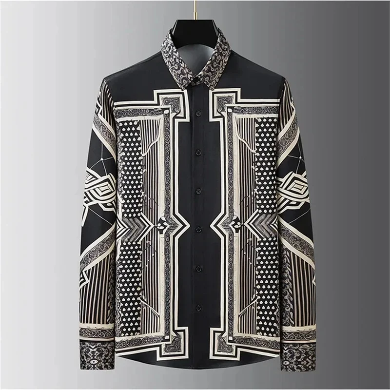 Luxury Men's Long-Sleeved Shirt Printed Shirt Fashionable Casual Popular Mid-Century Retro Plus Size Men's Clothing XS-6XL