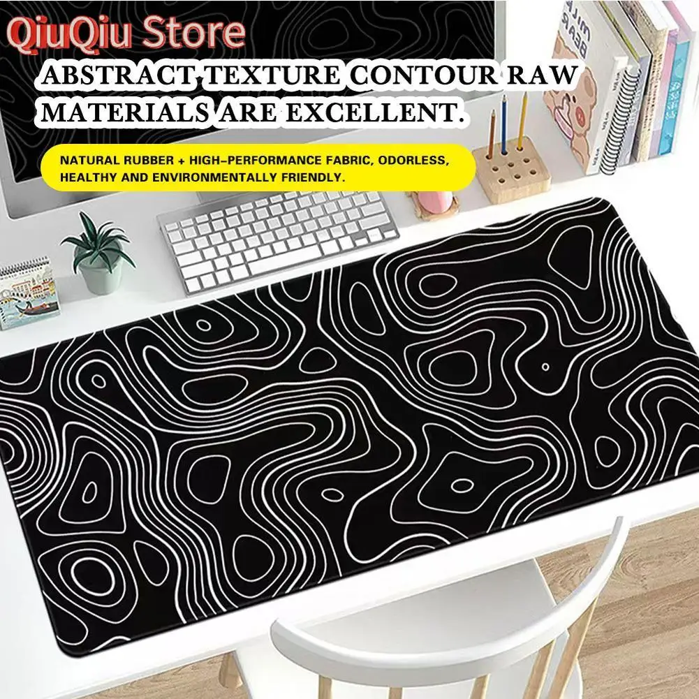 Alfombrilla de ratón para juegos con mapa topográfico grande: alfombrilla de escritorio extendida con diseño de línea de contorno, bordes cosidos y base de goma antideslizante O