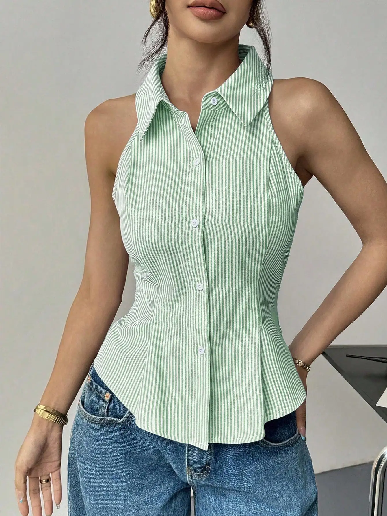 

Green Striped Sleeveless Button-Up Top For Women Business Casual Office Wear