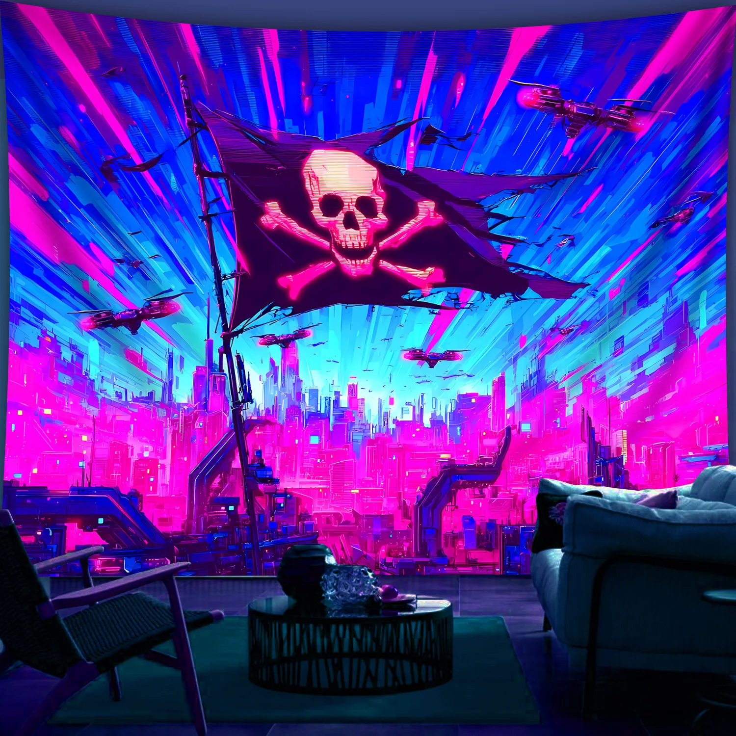 VIKAMA Cyberpunk Skull City Scene نسيج نابض بالحياة الأزرق والوردي النيون شيك غرفة المعيشة ميزة جدار غرفة الألعاب موضوع بار ديكور