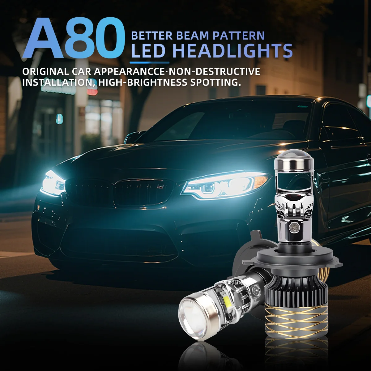 

Комплект из 2 шт. H4 H11 LED линзовые фары-проекторы A80, автомобильные лампы 6000K 30W Canbus Turbo, мощные мини-лампы для авто, противотуманные фары