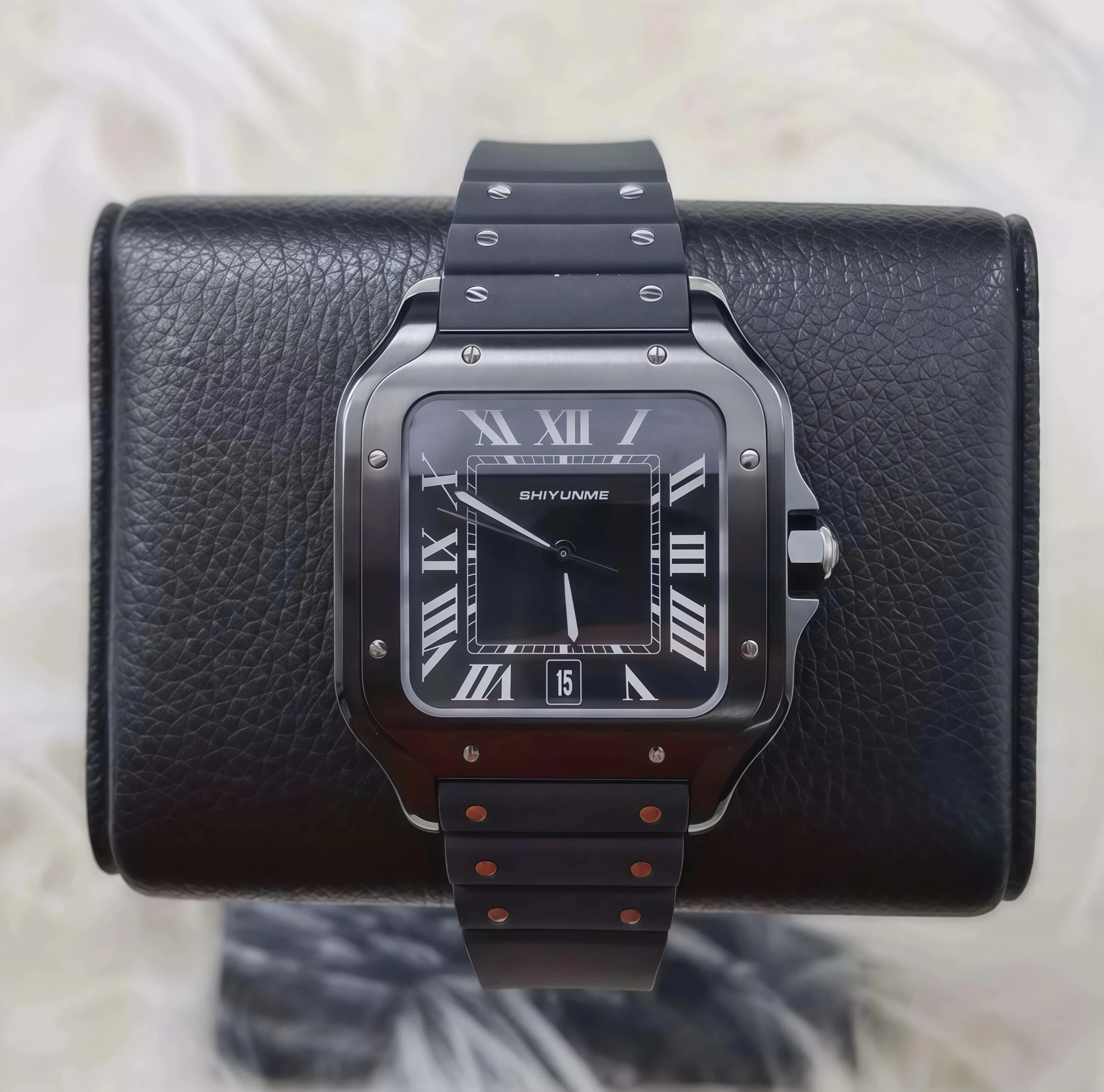 Автоматический механический спортивный квадратный унисекс, черный резиновый ремешок, сапфировое стекло, нержавеющая сталь, полностью функциональное мировое время