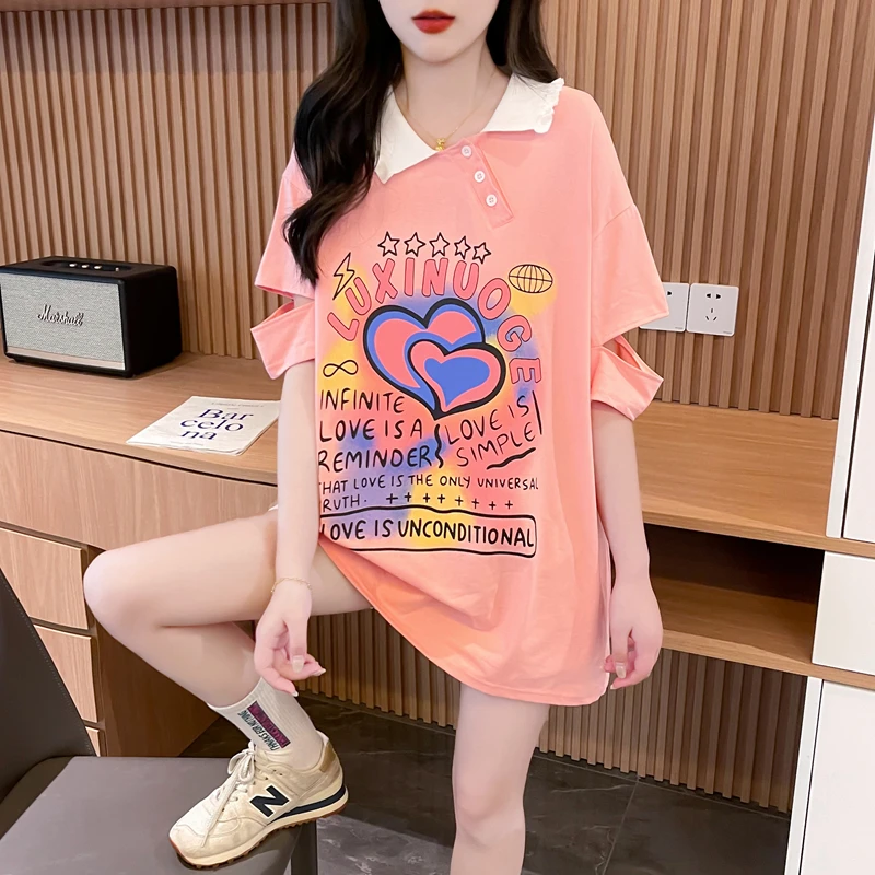 

Summer Korean version loose design with a foreign style cartoon age reducing cartoon Polo neck short sleeved t-shirt for women