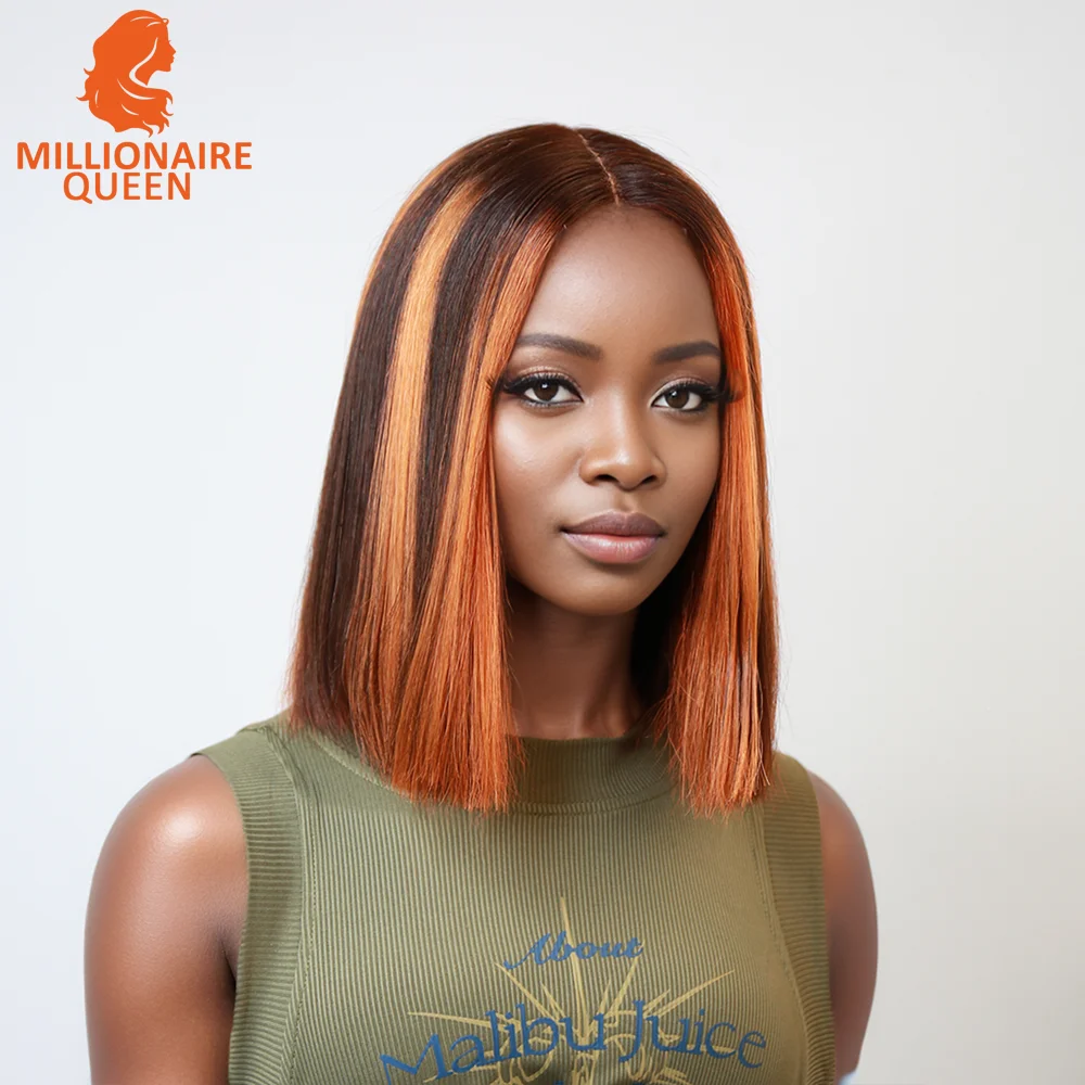 Vietname Super Double Drawn Bone Straight 2x6 Bob Wig with 100% Human Hair Orange Highlight 250% Density For Black Women