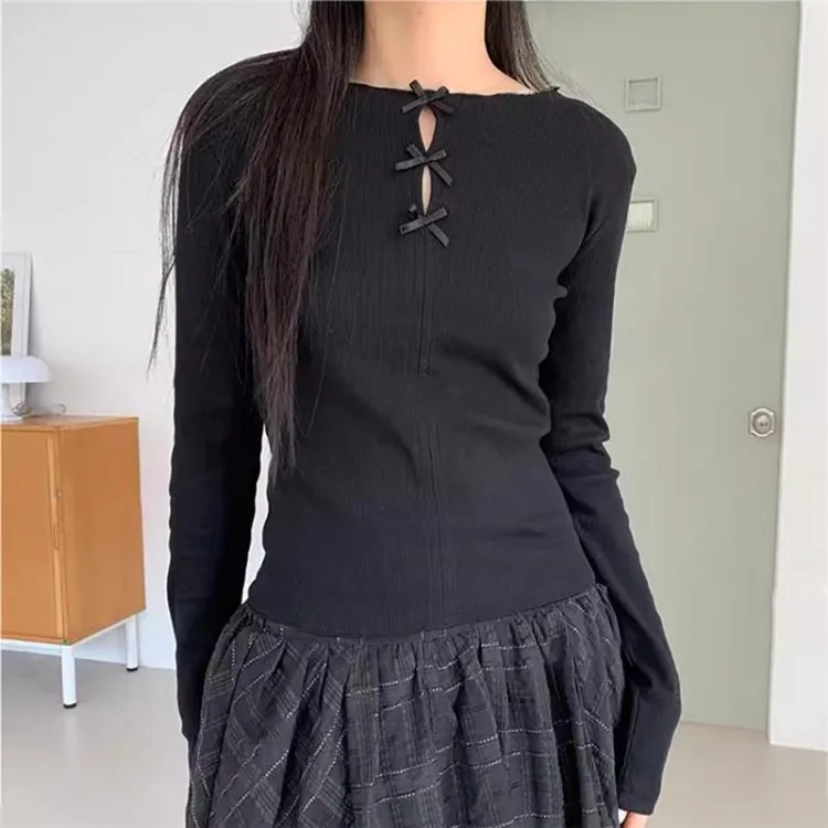 Fashion All-match Long Sleeve Knitted Tops Women Y2k E-Girl O-neck Hollow Out Bow T-shirts 2024 Summer New Slim Fit Tee Shirt