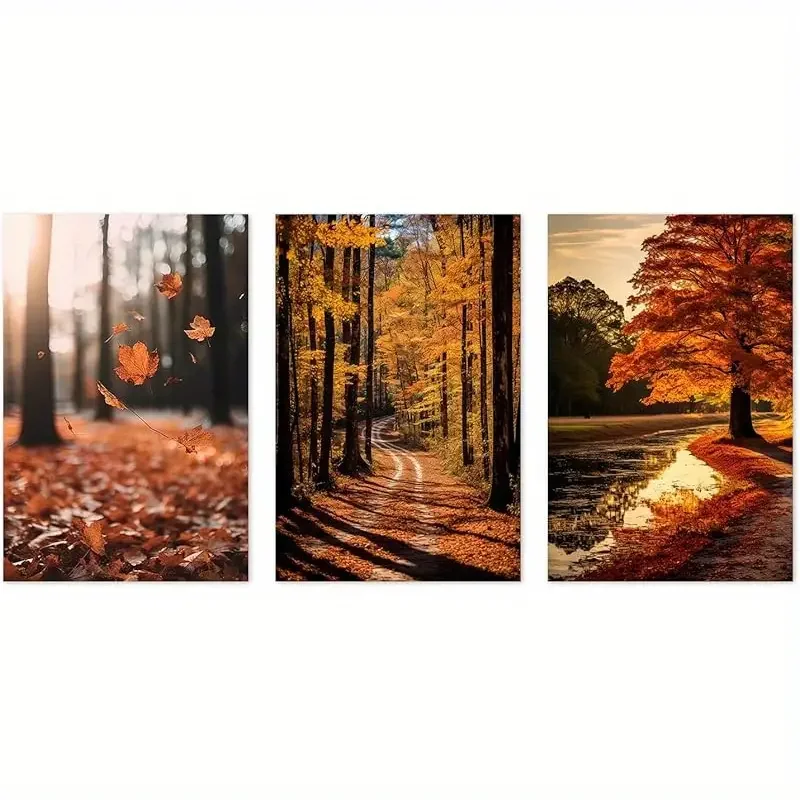 Fall Landscape Wall Art 3 Pieces Autumn Forest Pictures Wall Decor Nature Fall Leaf Tree Wrapped Canvas Canvas Print for Home De