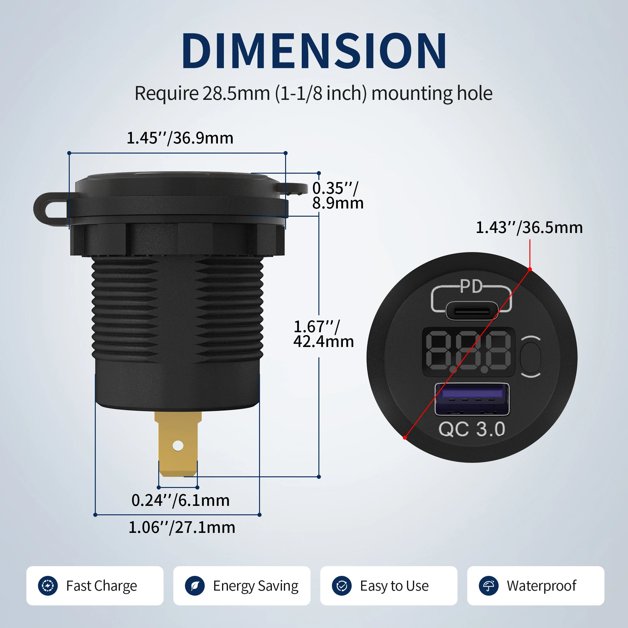 12V USB C Car Charger Socket 12V USB Outlet 48W PD Type C & QC 3.0 12 Volt Dual USB Charging Socket Port Voltmeter ON/Off Switch