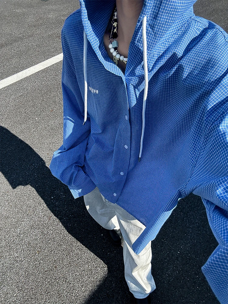 

Мужская рубашка с капюшоном в синюю клетку, с длинным рукавом, в американском ретро-стиле, для весны и осени, модная, с ощущением высокого класса, для мальчиков