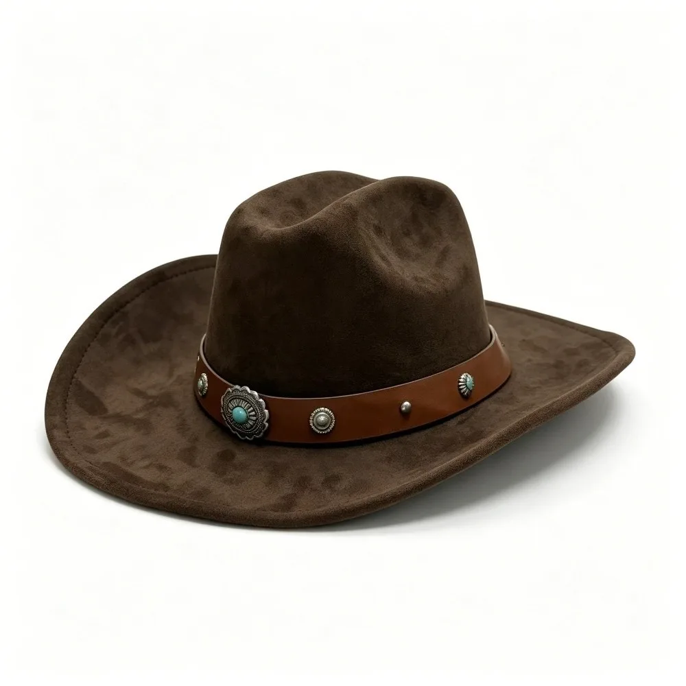 Wide Brim Hat Western Cowboy Hat Faux Suede Decorative Concho Band Cowgirl Hat Vintage Western Style Structured Crown