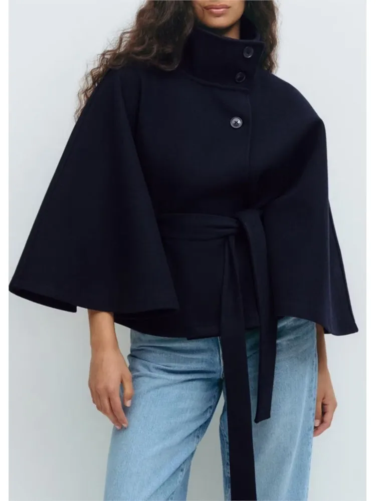 Autumn And Winter New Fashion Solid Color Cloak Stand-up Collar Button Belt Windbreaker Jacket Women's Temperament Commuting Top