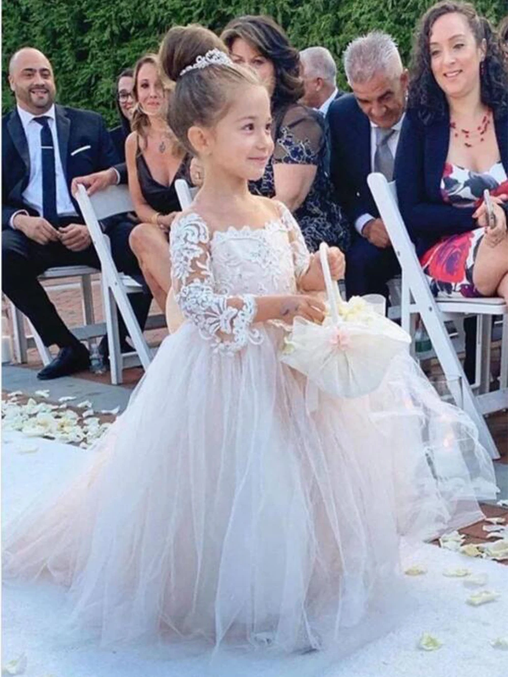 Annabelle-Robe fleurie en dentelle pour fille, tenue de première communion, à manches longues, avec broderie, pour fête d'anniversaire et mariage