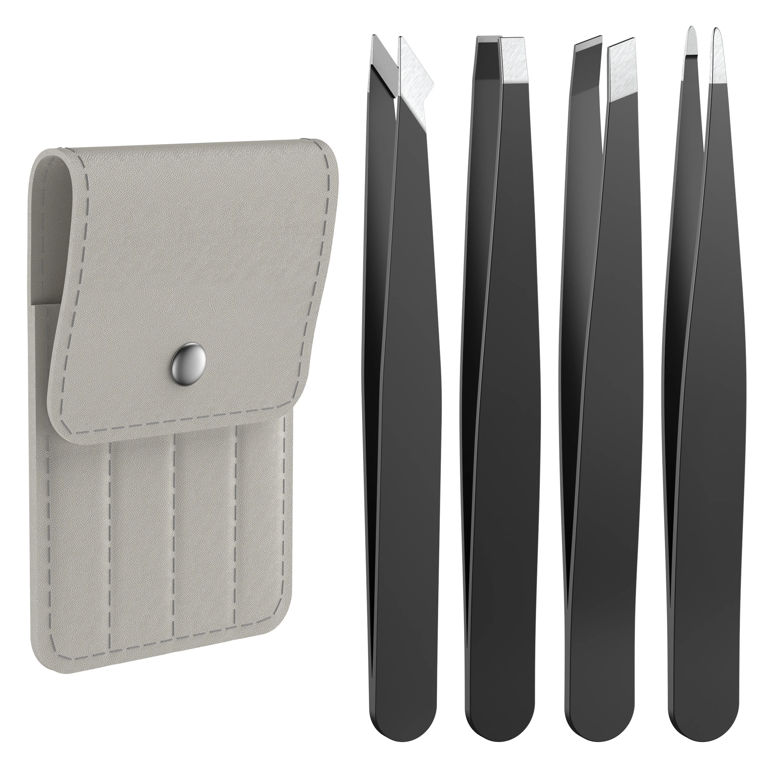 4Pcs Stainless Steel Tweezers Kit Eyebrow Eyelash Tweezers with Gray Leather Storage Bag For Eyebrow Hair Removal Splinter