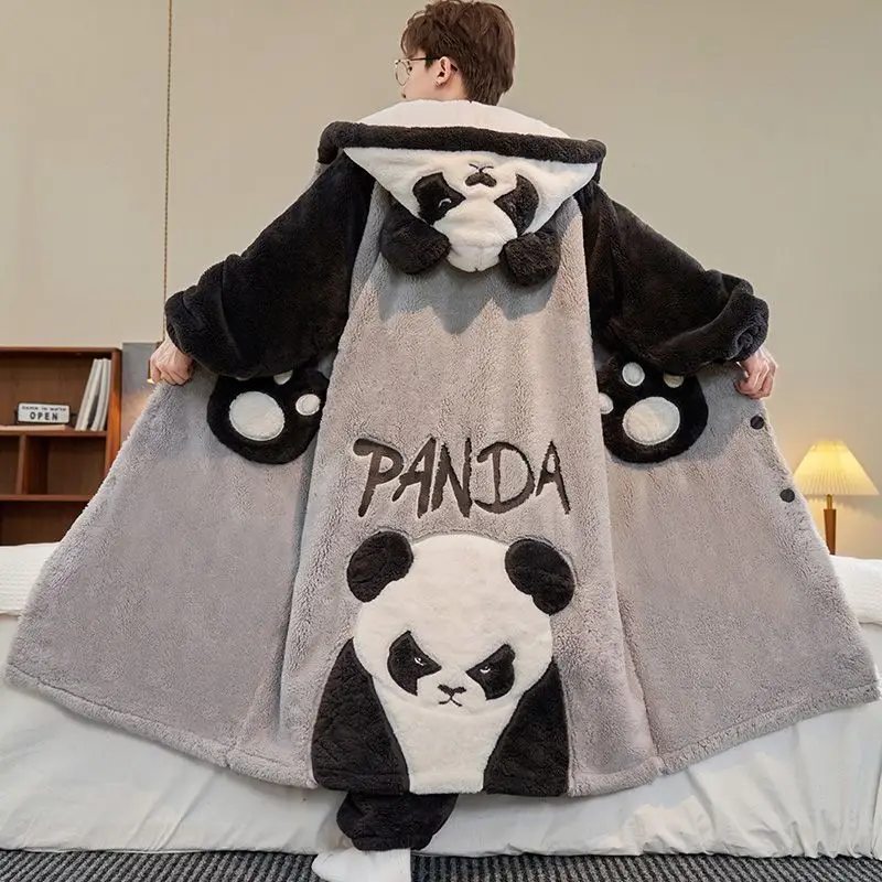 Conjunto de Pijama de Franela Gruesa para Hombre con Estampado de Panda, Talla Grande, Bata con Capucha y Bolsillos con Forma de Pata, Ropa de Dormir Cálida y Suave de Forro Polar