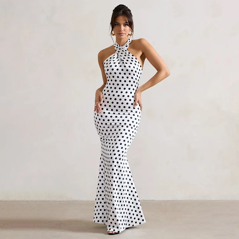 

Summer Women Maxi Dresses New Streetwear Fashion Print Halter Split Casual Slim Dress Sexy Backless Low Chest V-Neck Lady Dress