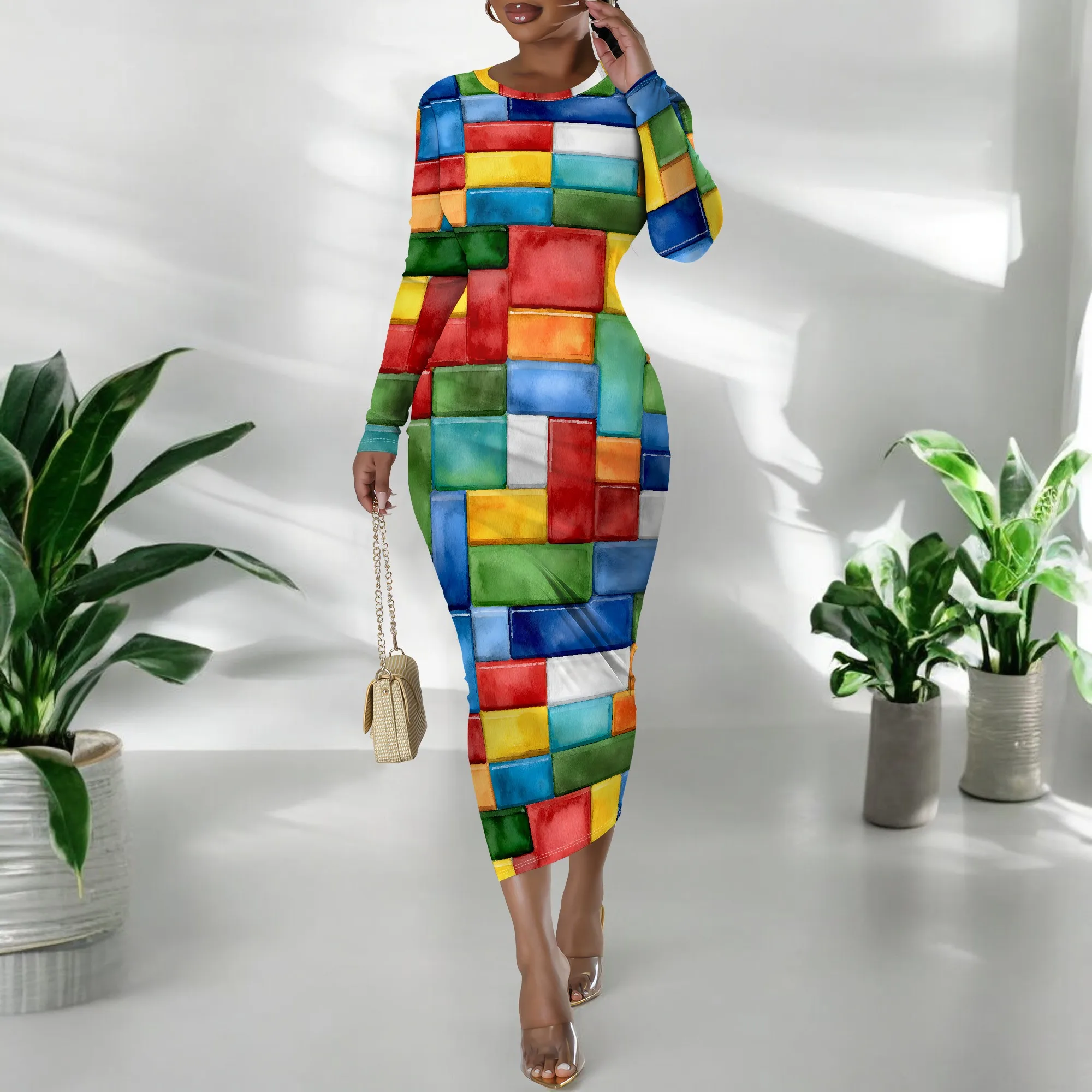 Colorful Block Print Long Sleeve Bodycon Dress, Geometric Pattern Maxi Gown, Vibrant Stretch Fit Party Wear, XS-3XL