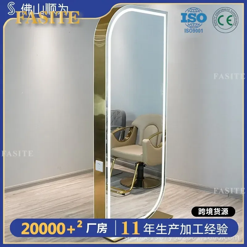 For Barber Shop Hair Mirror Table Single Double Sided Perm Dyeing Floor to Ceiling Hair Cutting Mirror with Lamp Trendy