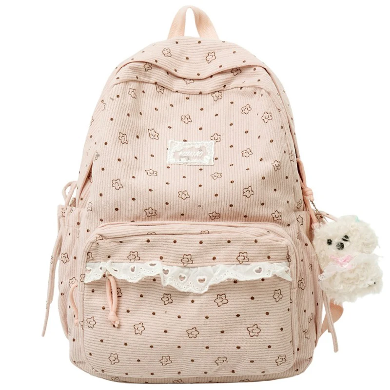 Polka Dot Print Floral Printed Kawaii Backpack with Plush Pendant Kawaii Stuff Y2K Aesthetic Backpack Cottagecore for Women
