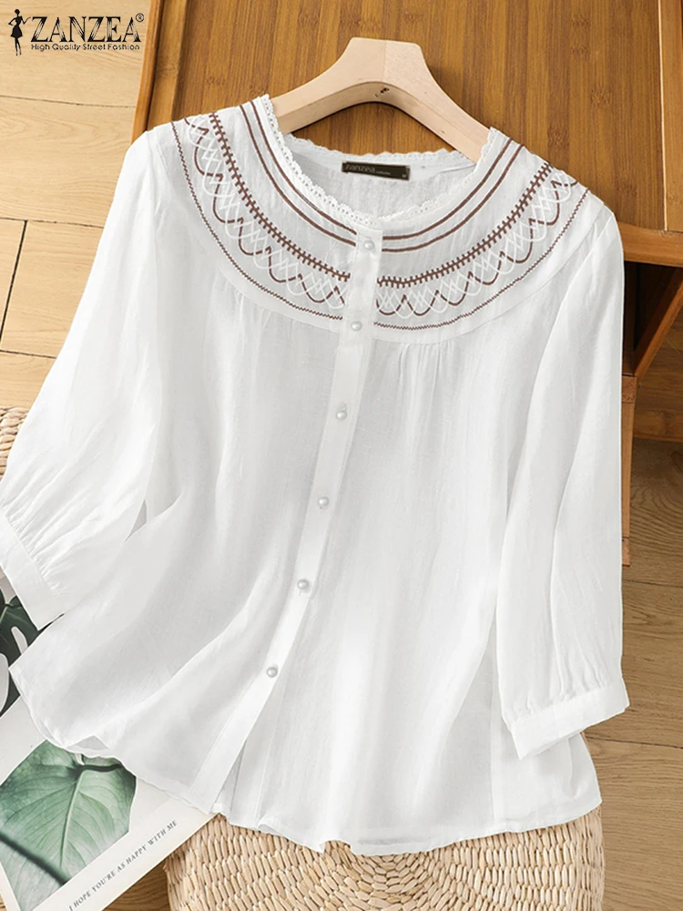 

2025 Women Elegant O Neck 3/4 Sleeve Work Blouses ZANZEA Summer Embroidery Shirts Casual Button Tunic Tops Loose Blusas Oversize