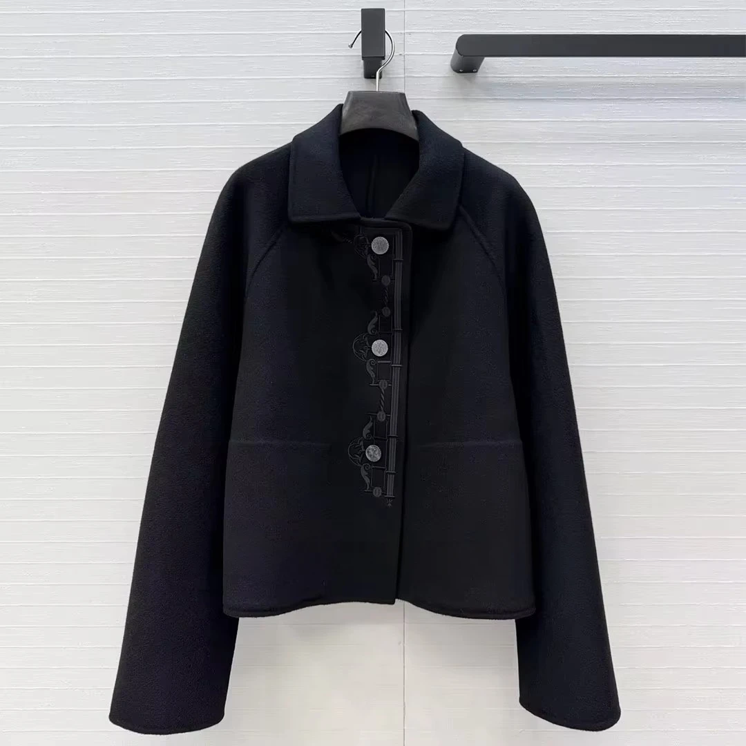 2026 New Fall Winter Retro Totem Embroidery Double-sided Woolen Coat Women Lapel Long Sleeve Single Breasted Elegant Chic Jacket