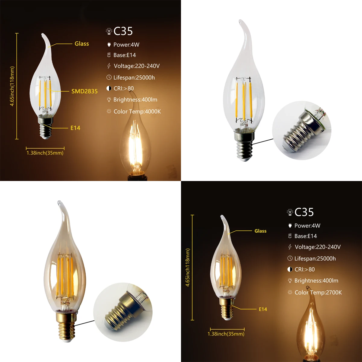 6PCS LED Filament Light C35 E27 B22 E14 AC220V 4W Flickerless 2700K 4000K is suitable for bars, supermarkets and home lighting