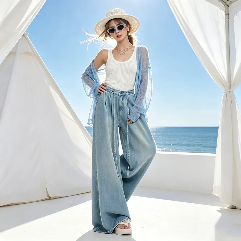 Summer 2026 Women's Light Lyocell Wide Leg Jeans Drawstring High Waist Draped Loose Fit Denim Pants for American Beach Style