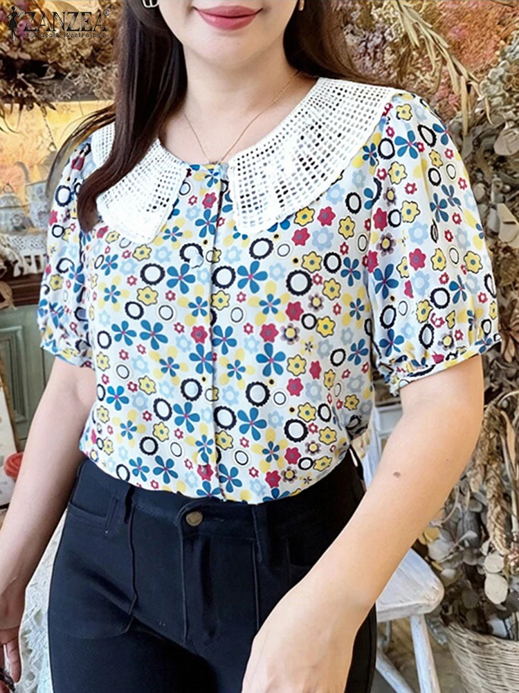 ZANZEA แฟชั่นเสื้อพิมพ์ลายผู้หญิงเสื้อ 2025 ฤดูร้อนโบฮีเมียนวันหยุดเสื้อทูนิคแขนสั้นปุ่มลำลองหลวมบลูซาส