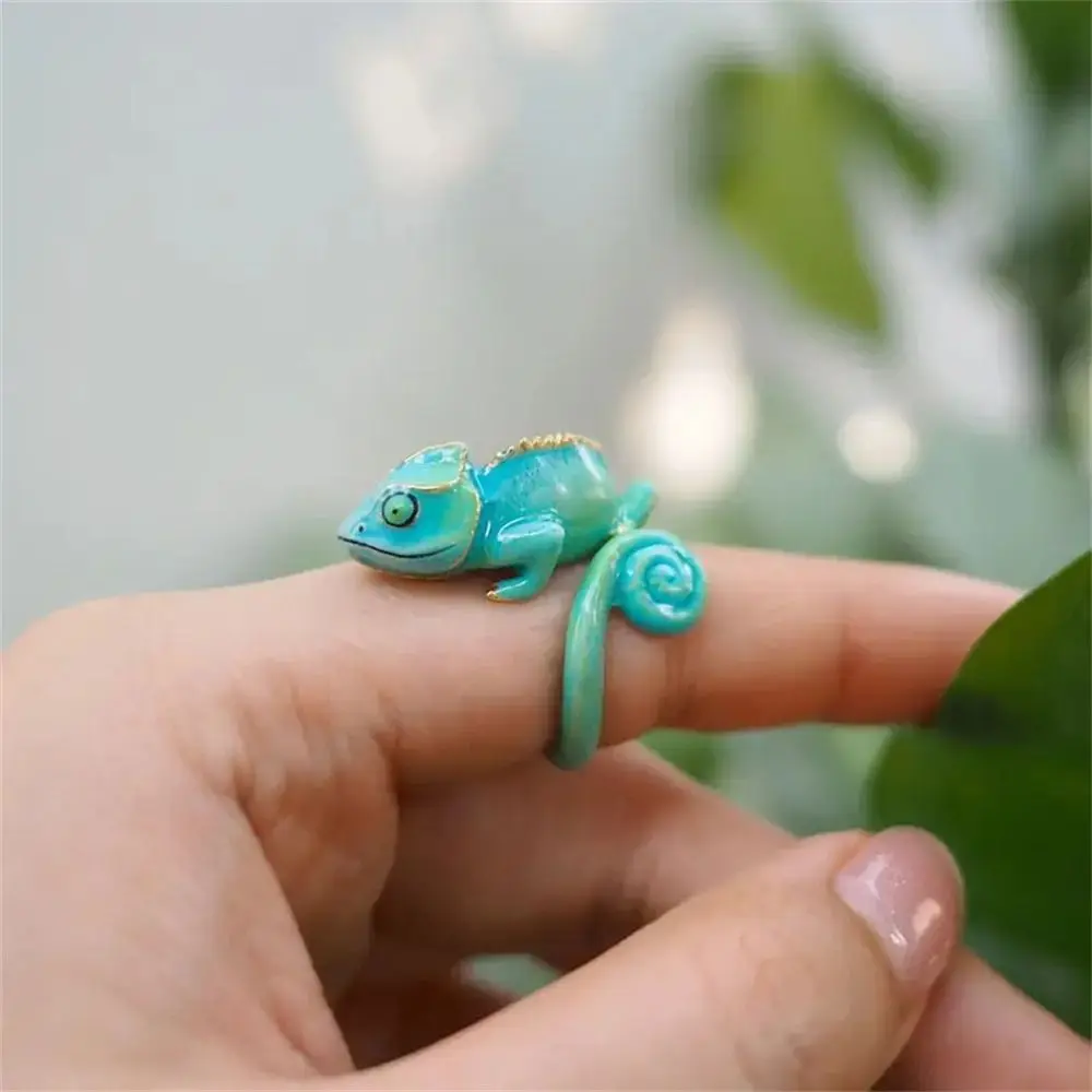 Bague caméléon mignonne de fête d'animaux, anneau ouvert en émail, accessoires de bijoux, anneaux de câlin en forme enveloppante, nouvelle collection