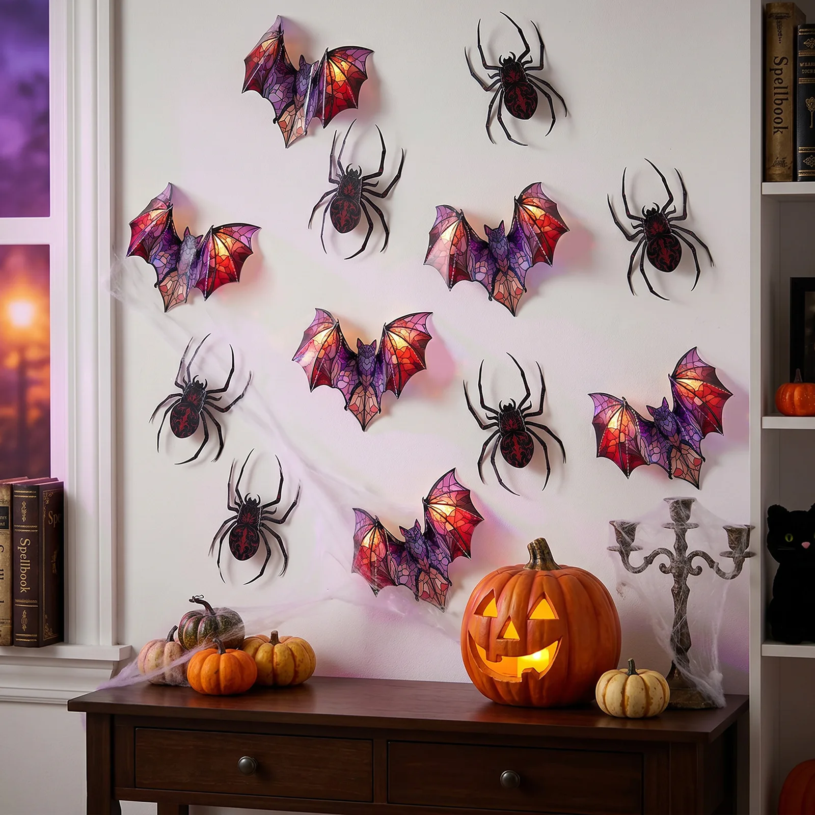 12pcs Halloween Decor 3D Colorful Bat Spider Wall Stickers Ghost Festival Supplies Trick or Treat Happy Halloween Day Decor 2026