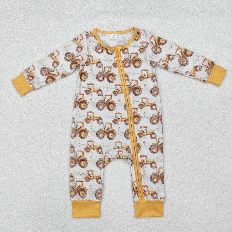 

8.21y Baby Boys Bamboo Winter Romper Tractor Yellow Zipper Long Sleeve Onesie Wholesale Boutique Baby Clothing