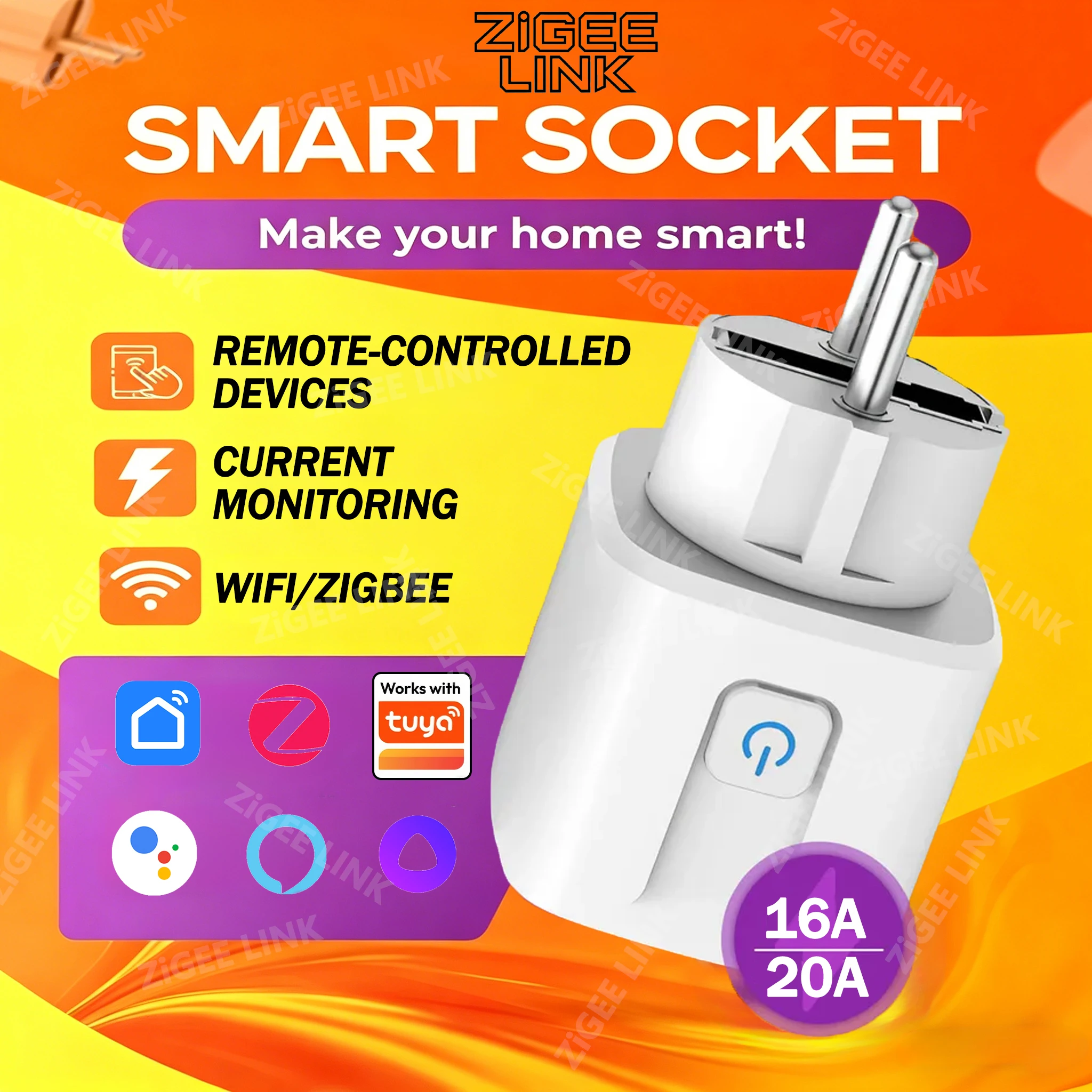 Smart Socket EU Plug WIFI or Zigbee16A/20A With Power Monitor Timing Voice Control Work with Tuya Alexa Google Home Alice