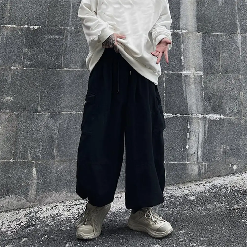 

Spring Autumn Men Cargo Pants Drawstring Ankle Tied Elastic Waist Large Pockets Patchwork Loose Wide Leg Baggy Trousers Streetwe