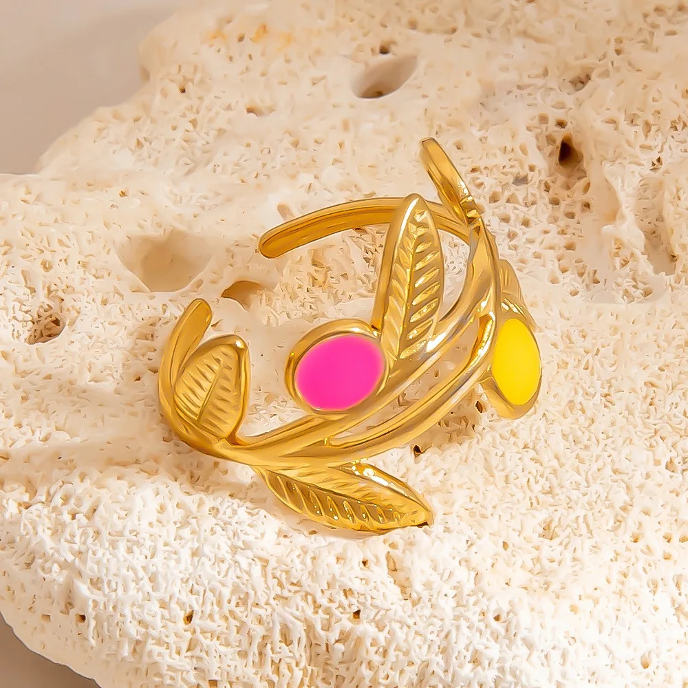 DIEYURO 316L الفولاذ المقاوم للصدأ الملونة يقطر النفط يترك فروع حلقة مفتوحة المرأة موضة جديدة موجزة خاتم مقاوم للماء