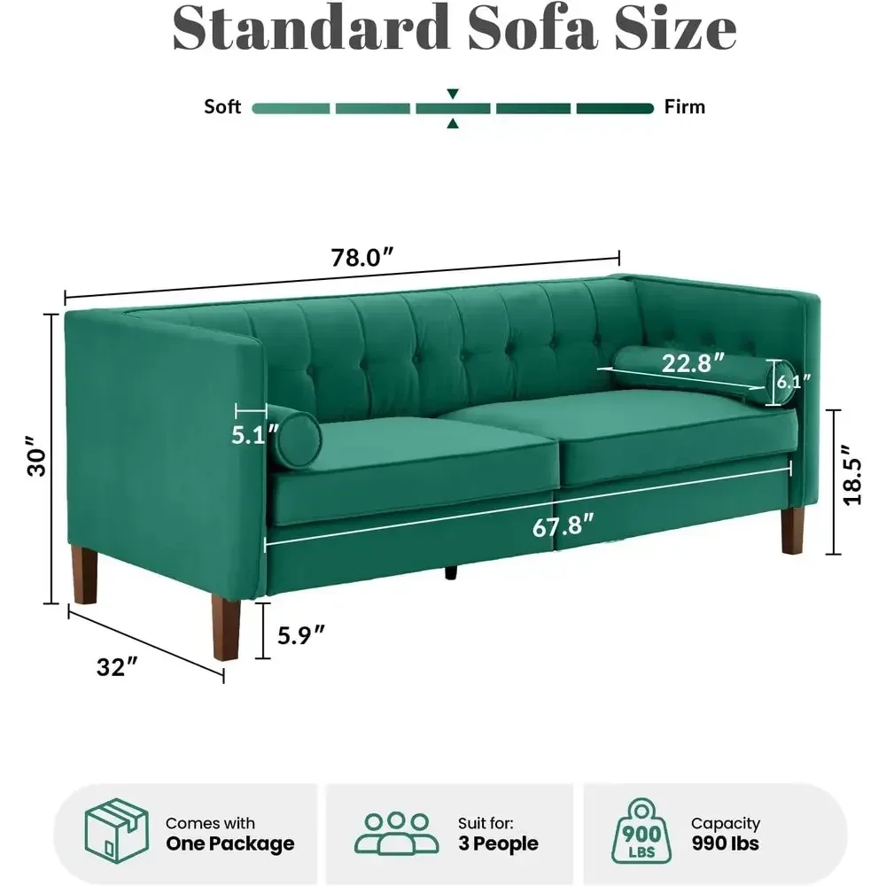 Velvet 18th-Century Style Love Seat Sofa with Bolster Pillows, Button-Tufted Couch for Living Room (Teal)