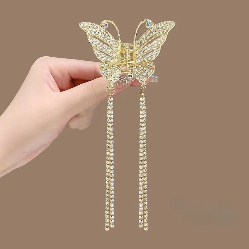 Luxury Temperament Butterfly Tassel Rhinestone Hair Clip for Women Girls New Spring Summer Hair Claw Back of The Head Clip