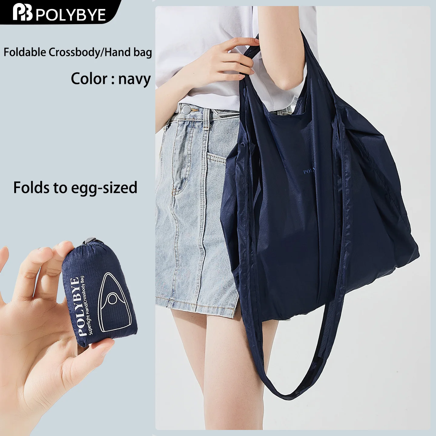 Sacola dobrável POLYBYE de nylon ripstop reutilizável para compras, sacola transversal, sacola de ombro portátil, bolsa ecológica.