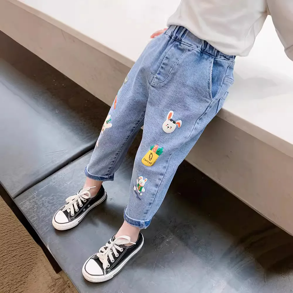 Children Jeans For Girls Spring Autumn Cartoon Carrot Rabbit Print Elastic Kid Girls Trousers Exterior Stylish Baby Girls Pants