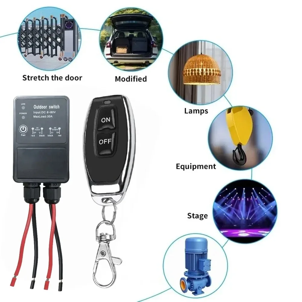 433Mhz Wireless Remote Control Switch DC 12V 24V 36V 48V 72V Outdoor Waterproof 30A Relay Module 100m Control Range for LED Pump