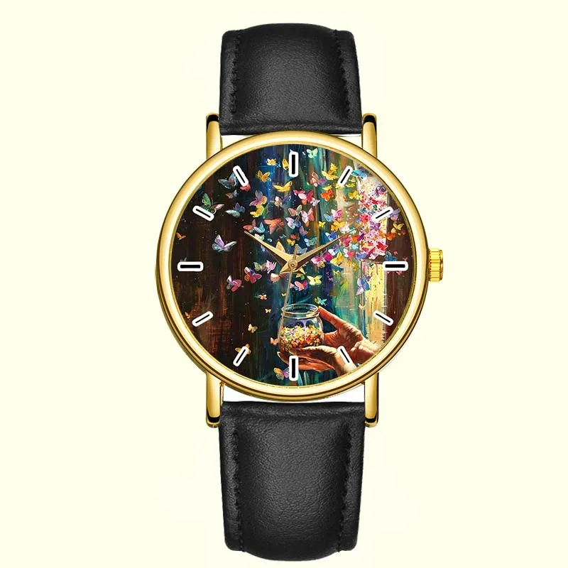 B-9412 B-9412 Artistic Butterfly Oil Painting Dial Quartz Watch Leather Strap Golden Bezel Fashion Wristwatch Art Gift for Women