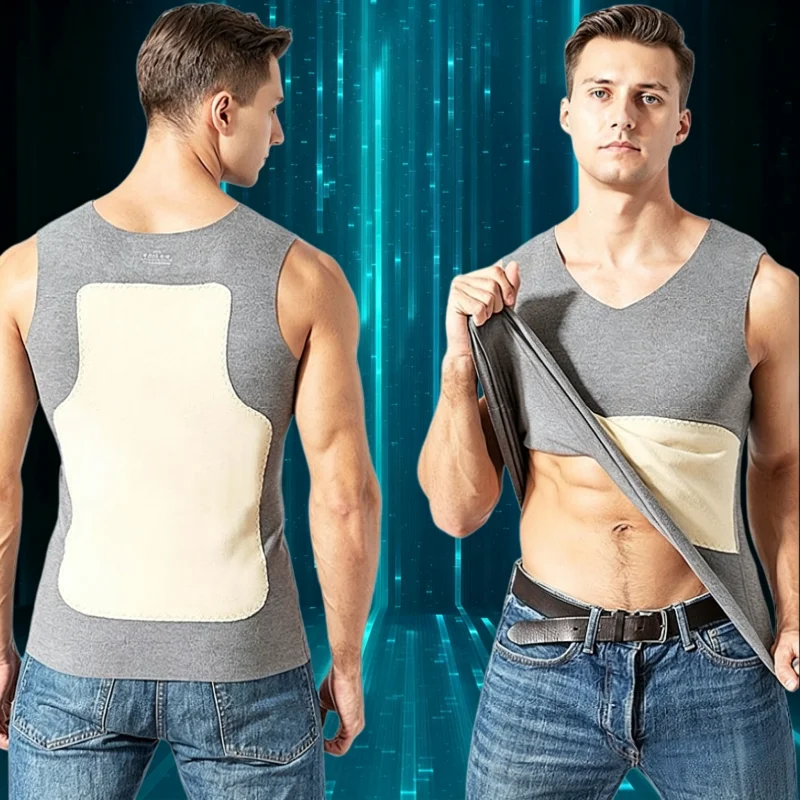 Men Thermal Tank Top Fleece Patch Warm Sleeveless Undershirt V‑Neck Elastic Soft Winter Thermal Vest Body Warm Base Layer Tops
