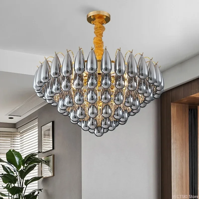 GHJUYIOL Living room chandelier, light luxury, smoke ash, amber glass, dining room light, home creative personality, bedroom lig