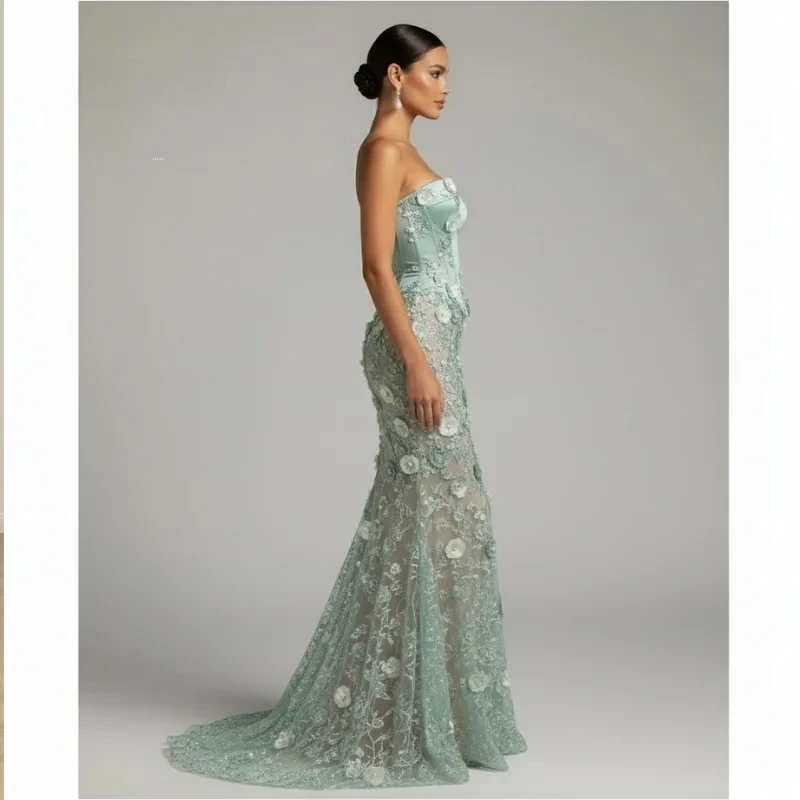 Groene zeemeermin avondjurk 3D bloemenkant strapless baljurk 2025, feestjurk vestidos de fiesta op maat