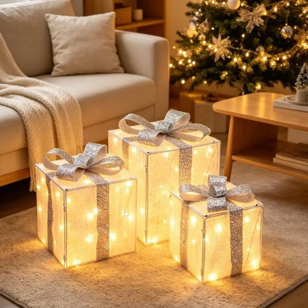 Set of 3 LED Lighted Christmas Gift Boxes Soft LED Lights Premium Lightweight Material Light Up Decorative Present Box Ornaments