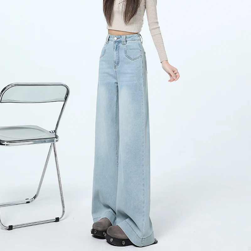 KSTUN 2025 Summer New High Waist Women Wide Leg Jeans Stretch Flared Pants Female Bell-bottom Trousrs Light Blue Dragging Pants