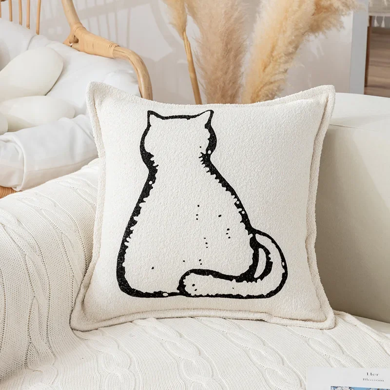 Nordic Cute Cat Print Cushion Cover Abstract Plush Pillow Case Autumn Decoration Home Living Room Bay Window Sofa Pillowcase