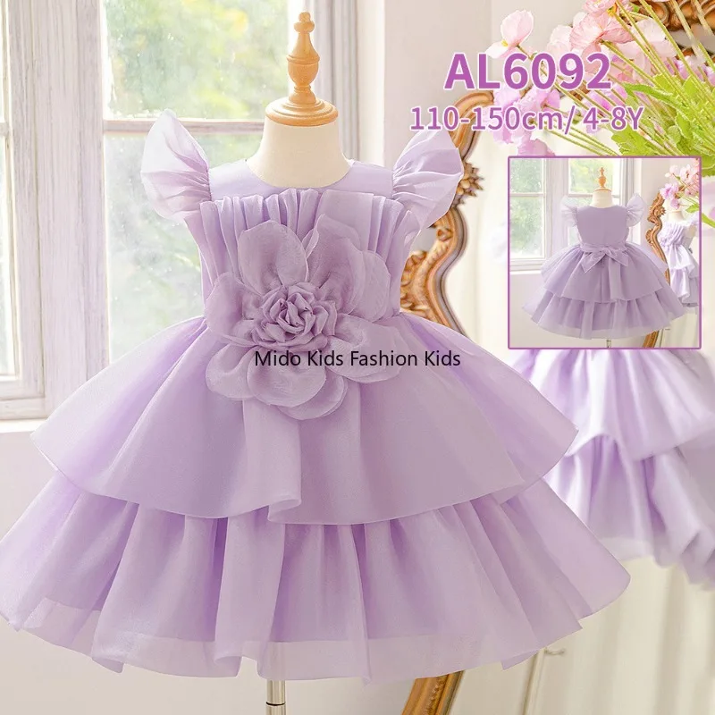 New5-14Y  Kids Princess Dress Puffy Sleeves Ball Gown Flower Girl Performance Outfit 110-150Cm