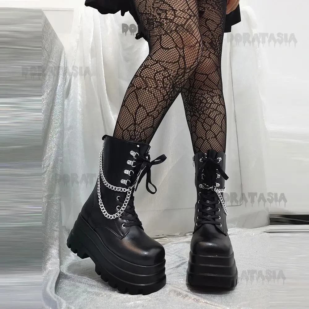 Punk Cool Girl Retro Women Boots High Heeled Thick Bottom Chain Goth Ankle Boots Casual Comfy Vintage Winter Shoes For Woman