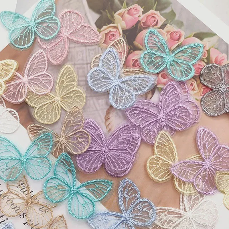 10Pcs 4.6*4.3cm Exquisite Embroidered Mesh Butterfly for DIY Headwear Hair Clips Decor Clothes Hat Shoes Patches Accessories