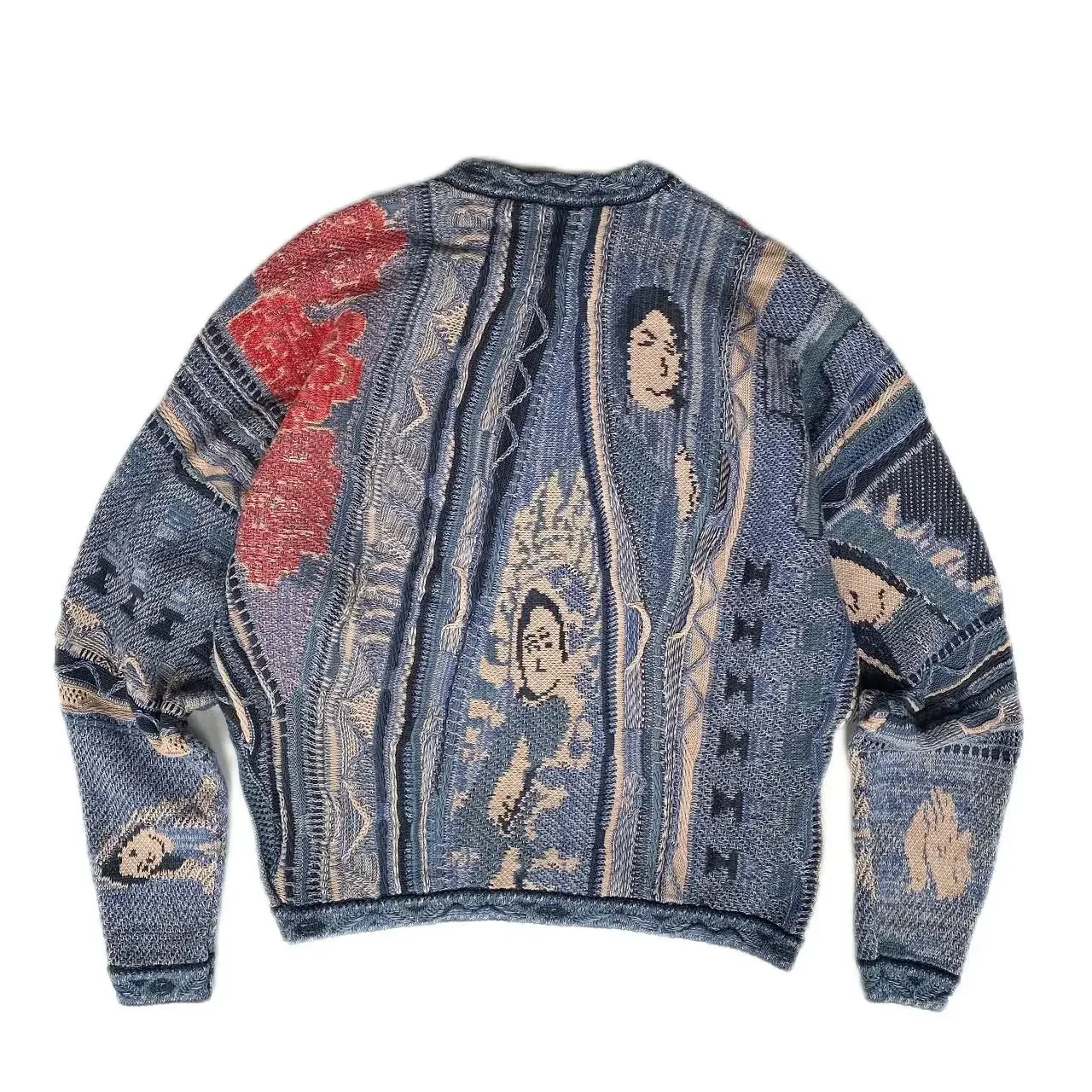 Japan Style Kapital Vintage Hirata Hiroshi Contrast Color Portrait Men's Knitting Sweaters Round Neck Loose Printed Pullover