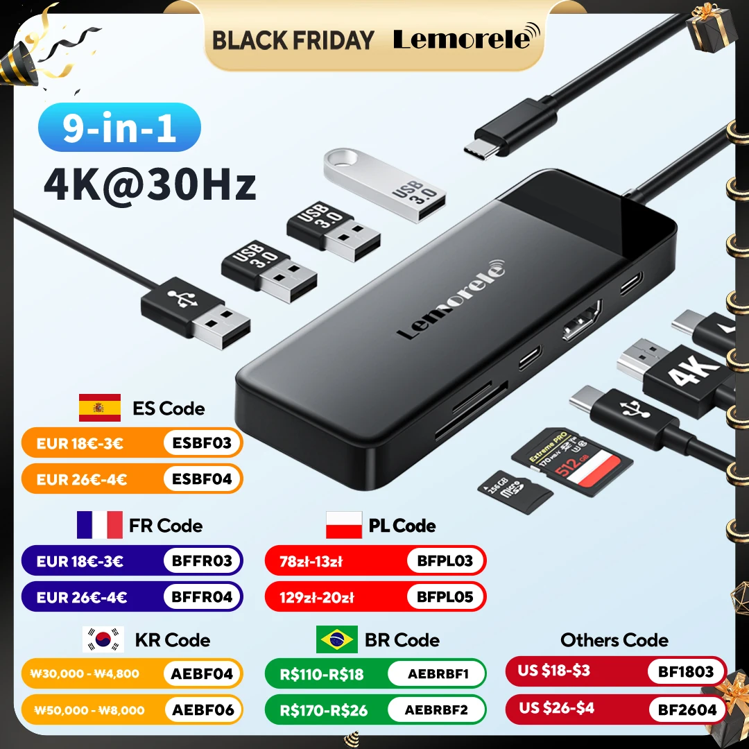 

Lemorele TC92 USB C Hub 3.0 Type C to 4K HDM адаптер 9-в-1 порты док-станция 100 Вт зарядное устройство для Windows MacOS ноутбук Dell